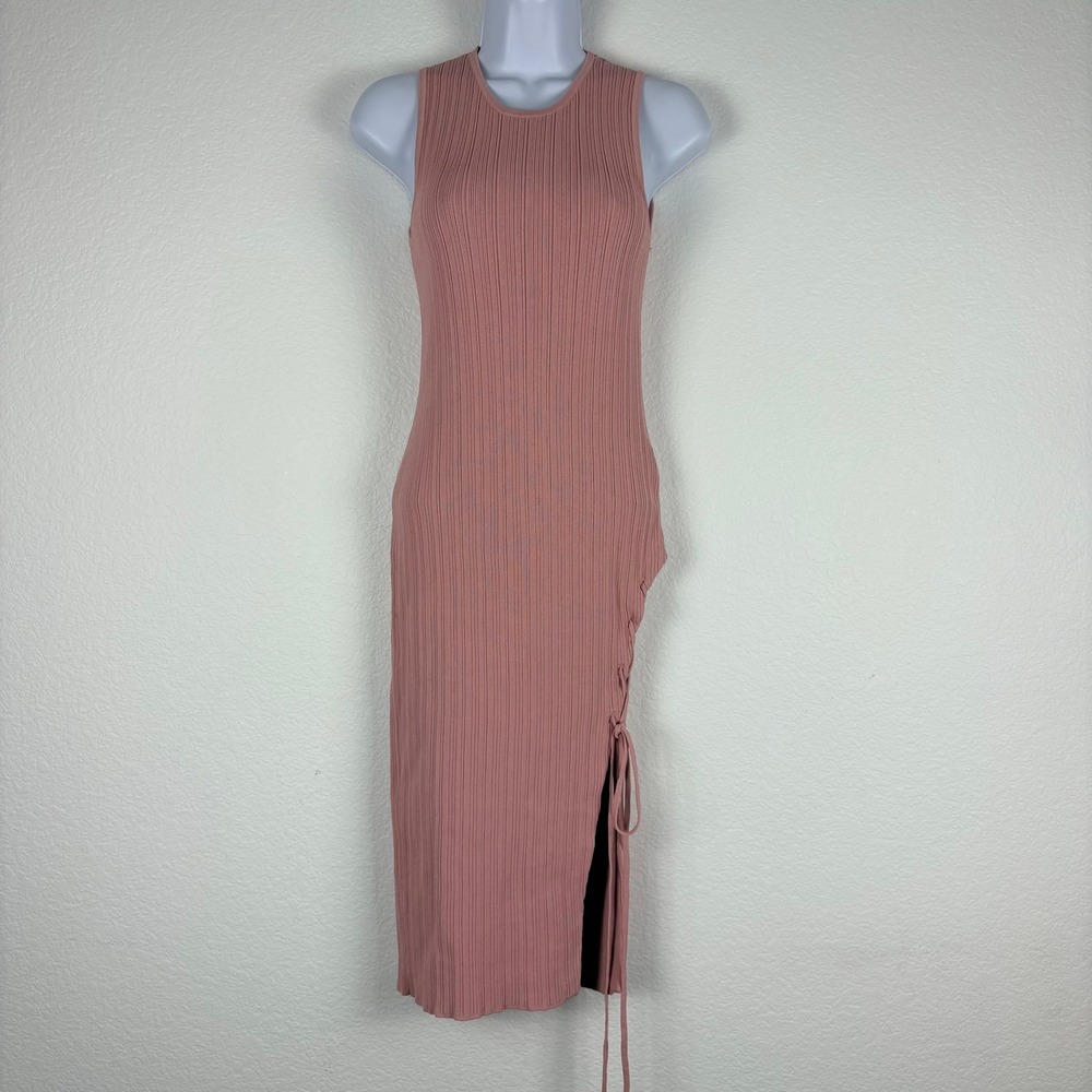 Ronny Kobo Ribbed Stretch Midi Lace Up Slit Sleeveless Dress Sz Large